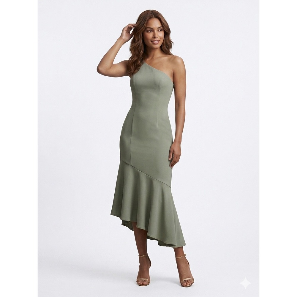 BHLDN One Shoulder Midi Dress 2 Sage Green Ruffle Hem Formal Wedding Guest